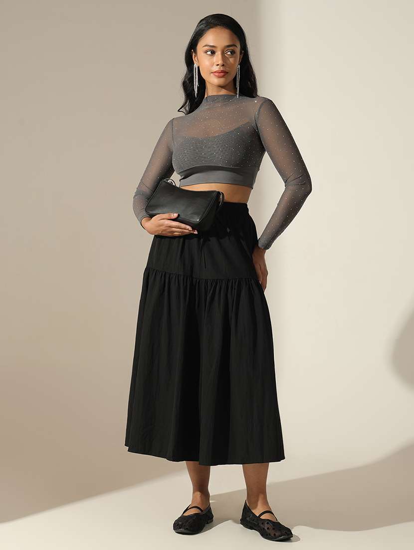 women self designed mock neck long sleeve crop top - 22173729 -  Standard Image - 5