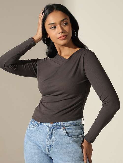 women solid symmetric neck long sleeve top - 22173730 -  Standard Image - 0