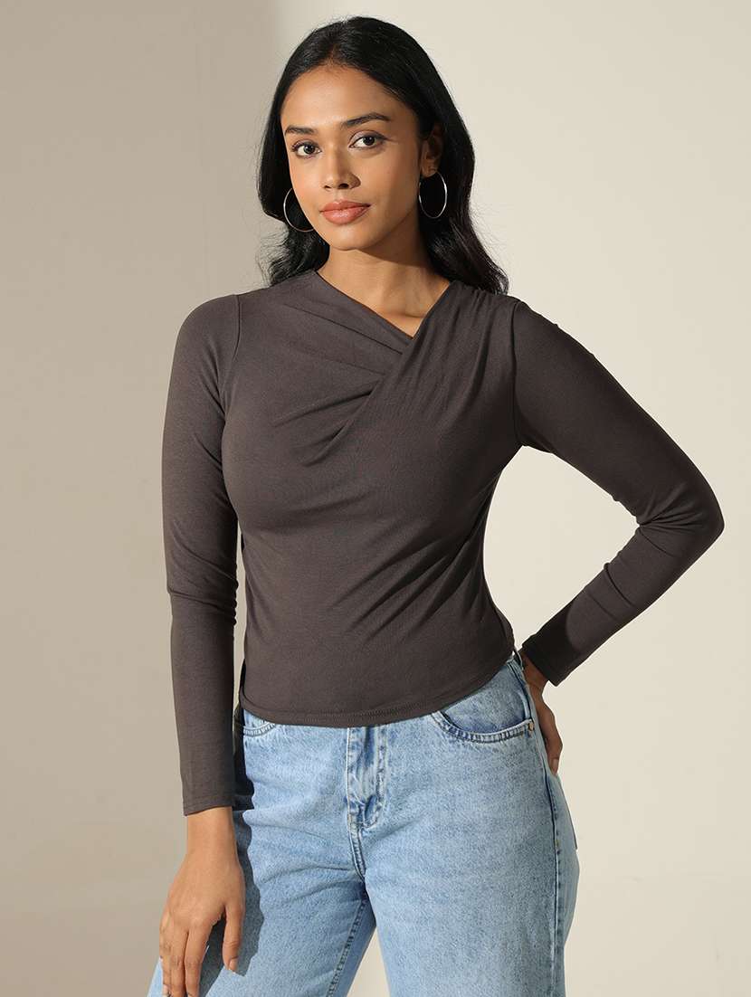 women solid symmetric neck long sleeve top - 22173730 -  Standard Image - 3