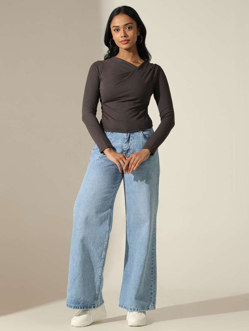 women solid symmetric neck long sleeve top - 22173730 -  Standard Image - 5