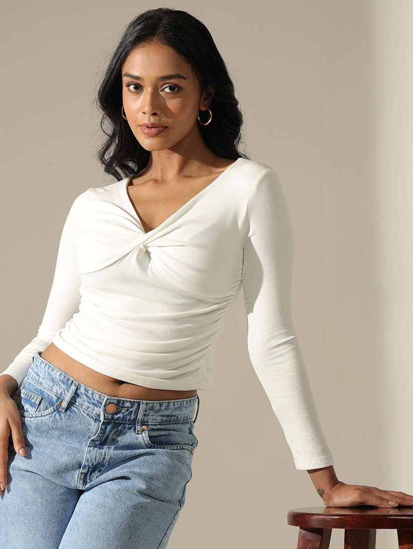 women solid  v-neck long sleeve top - 22173731 -  Standard Image - 3