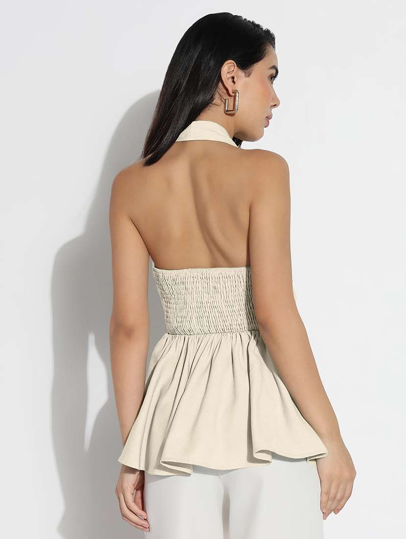 women cream solid halter neck peplum top - 22173738 -  Standard Image - 3