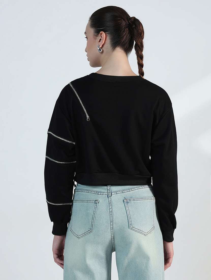 women black solid long sleeve cropped pullover - 22173744 -  Standard Image - 3