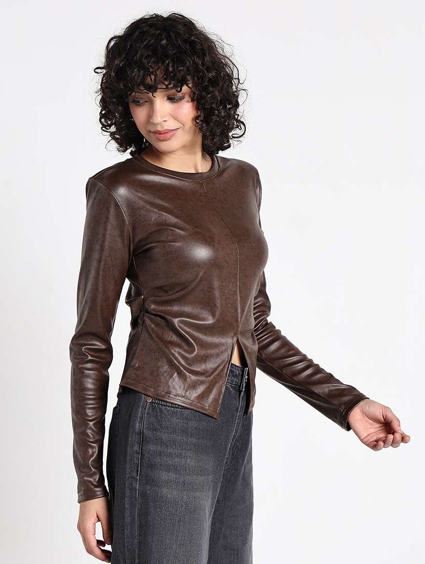 women brown long sleeve faux leather regular top - 22173746 -  Standard Image - 3