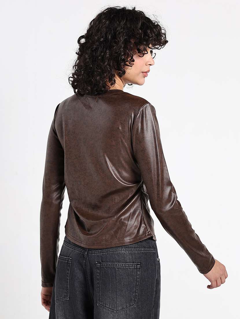 women brown long sleeve faux leather regular top - 22173746 -  Standard Image - 5