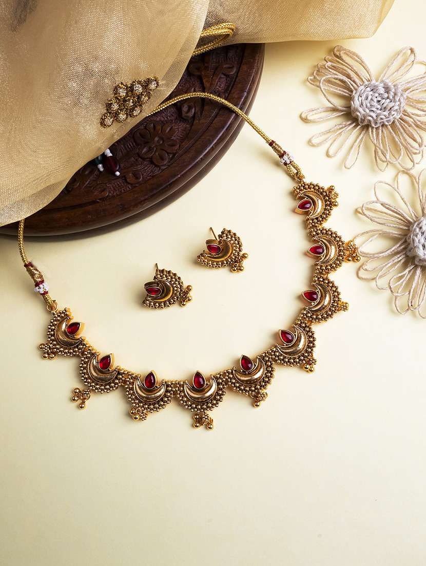 gold finish red half moon shape necklace set