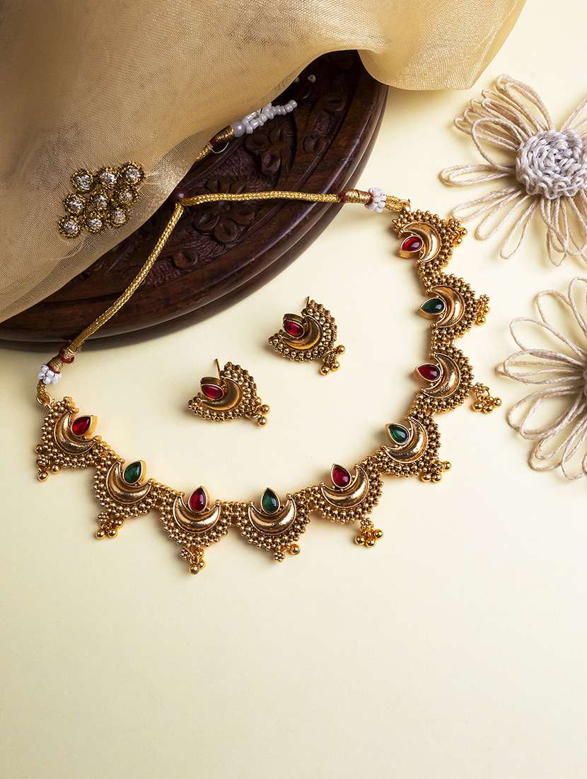 gold finish redgreen half moon shape necklace set
