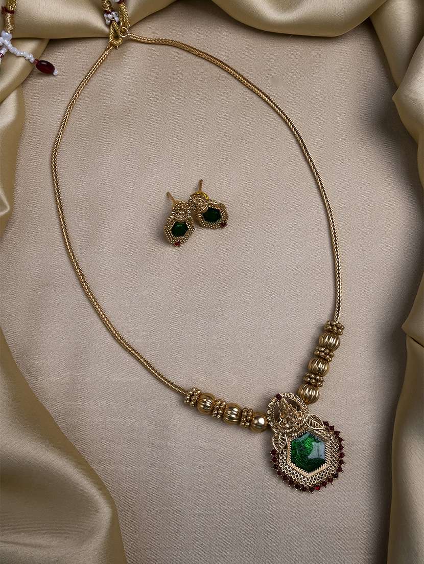 gold plated green meenakari and beads necklace set