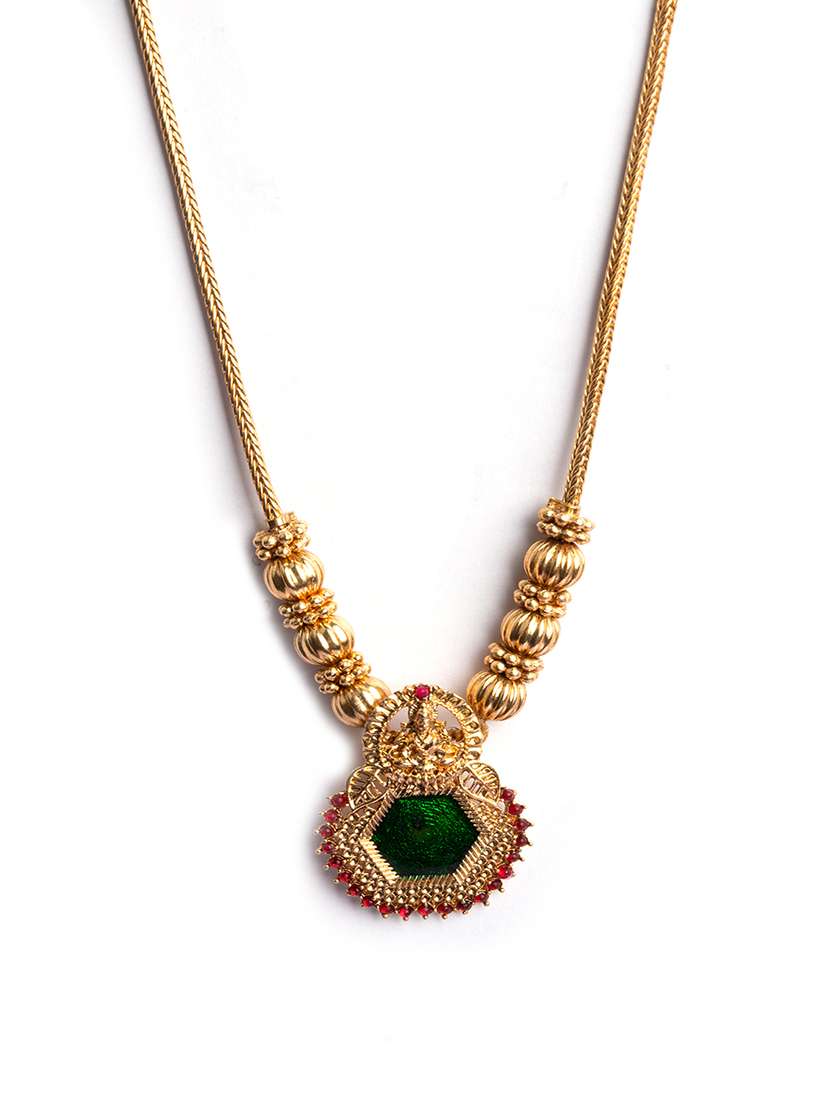 gold plated green meenakari and beads necklace set - 22173762 -  Standard Image - 3