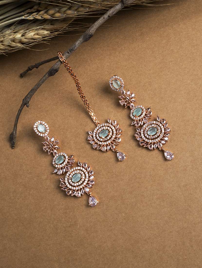 ravishing rose gold plated cz studded long drop earrings-mangtika set