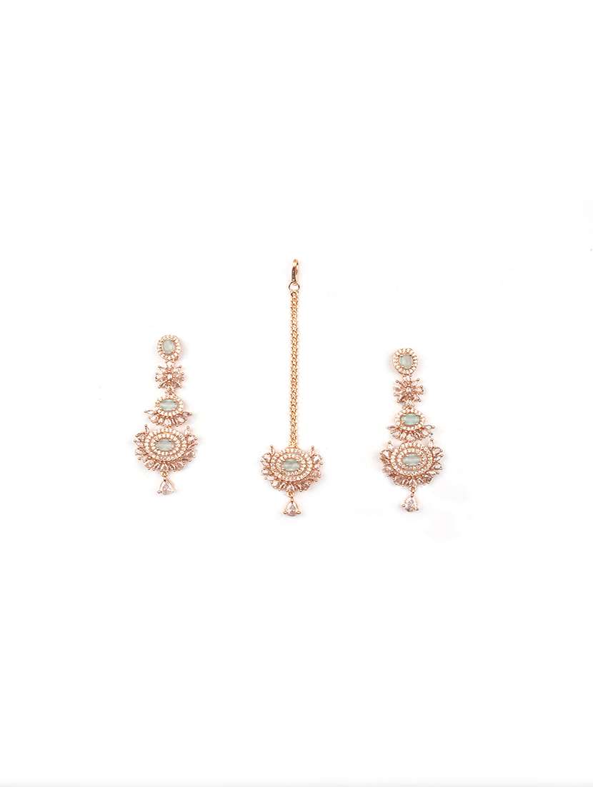 ravishing rose gold plated cz studded long drop earrings-mangtika set - 22173786 -  Standard Image - 3