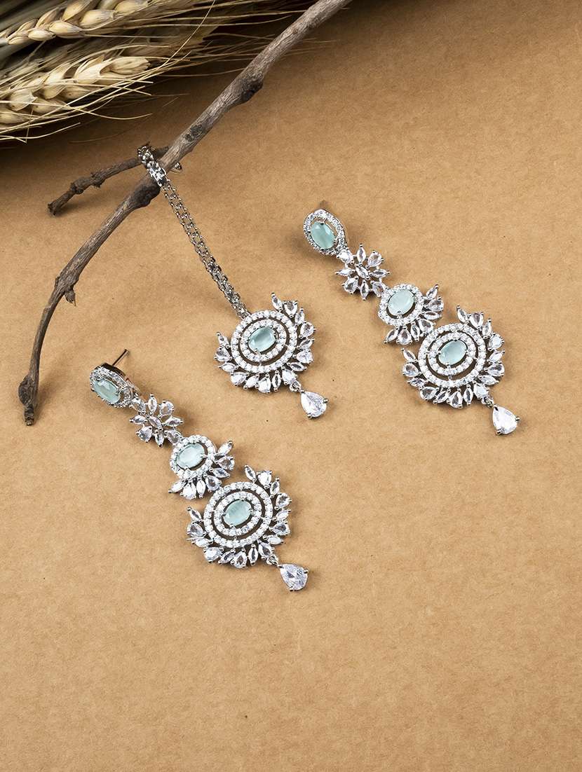 stunning silver plated cz studded long drop earrings-maangtika set