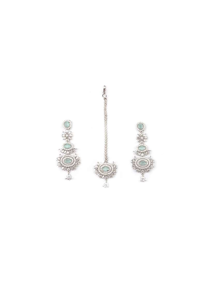stunning silver plated cz studded long drop earrings-maangtika set - 22173787 -  Standard Image - 3