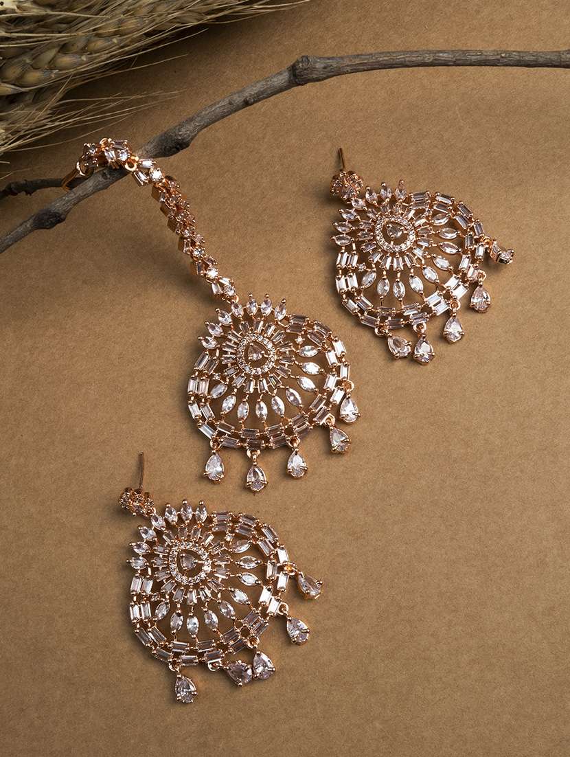 cz studded rose gold drop style earrings and maangtika set