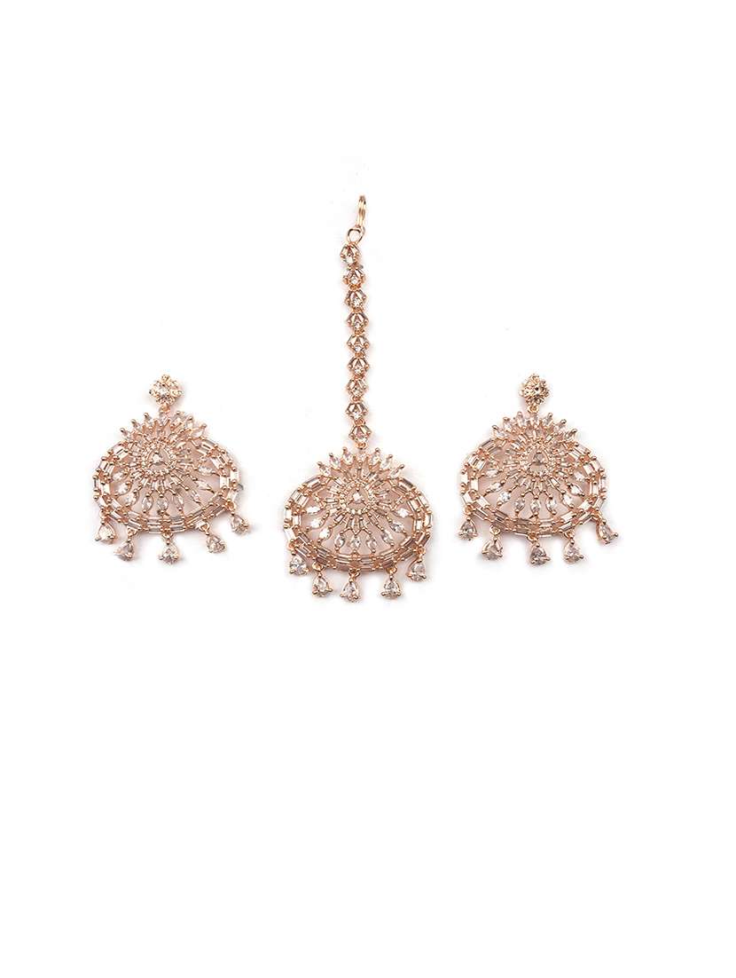 cz studded rose gold drop style earrings and maangtika set - 22173790 -  Standard Image - 3