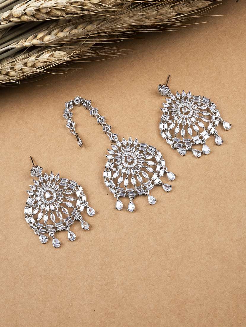 cz studded silver drop style earrings and maangtika set