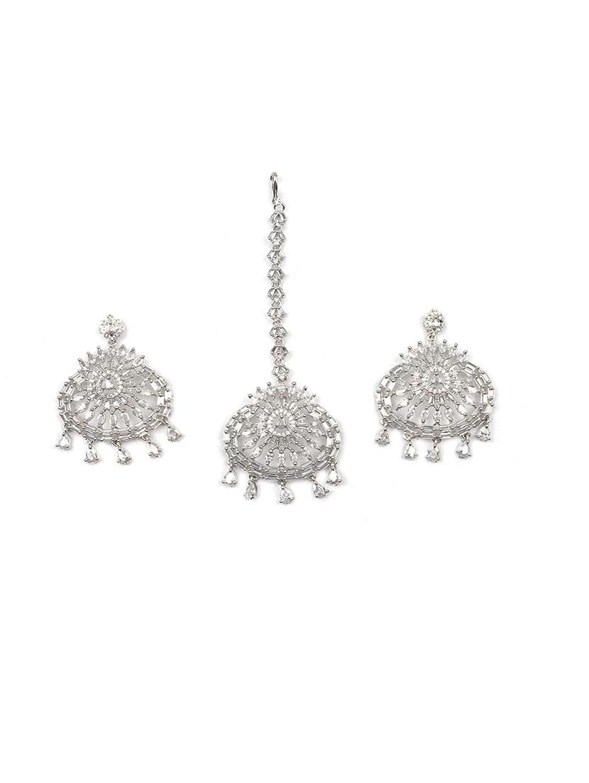 cz studded silver drop style earrings and maangtika set - 22173791 -  Standard Image - 3