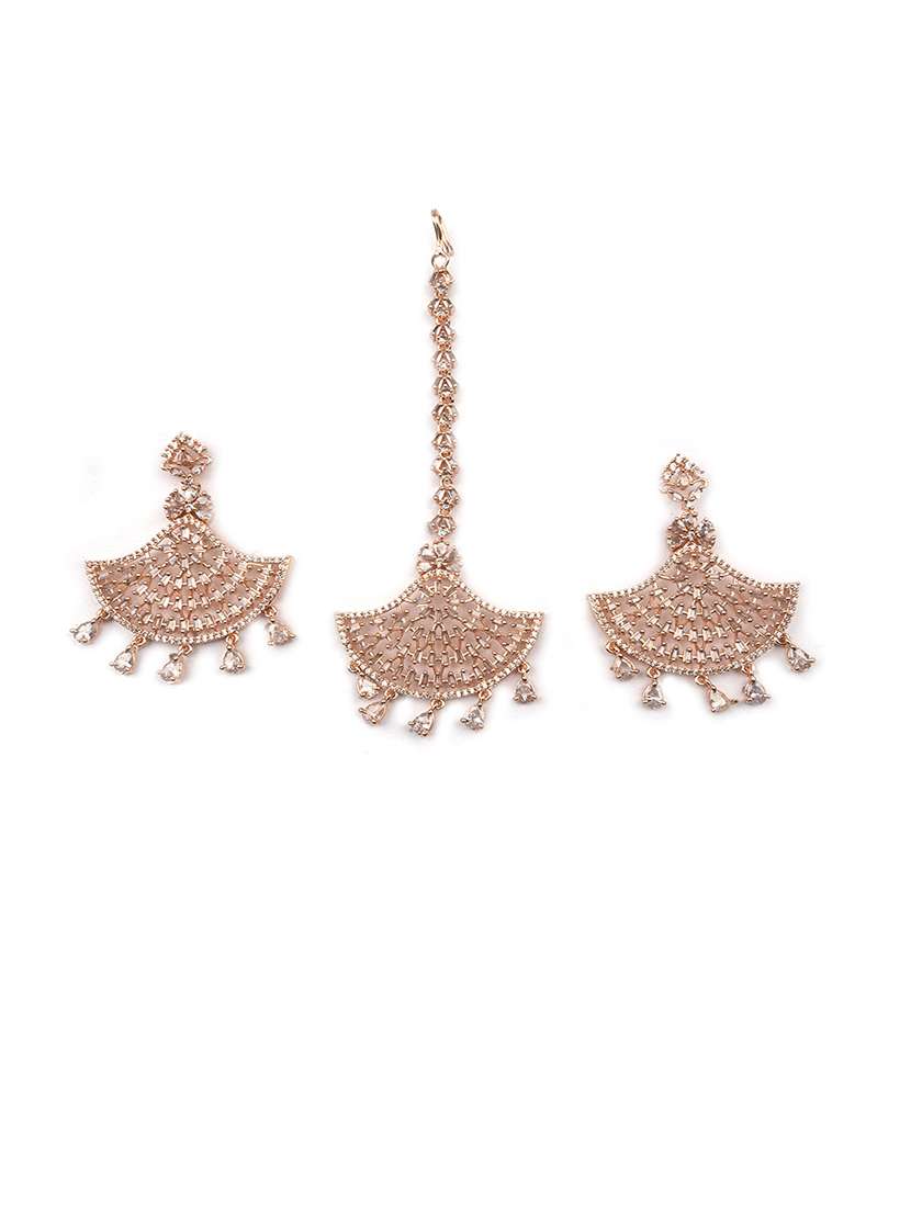 rose gold symmetrical earring-maangtika set - 22173793 -  Standard Image - 3