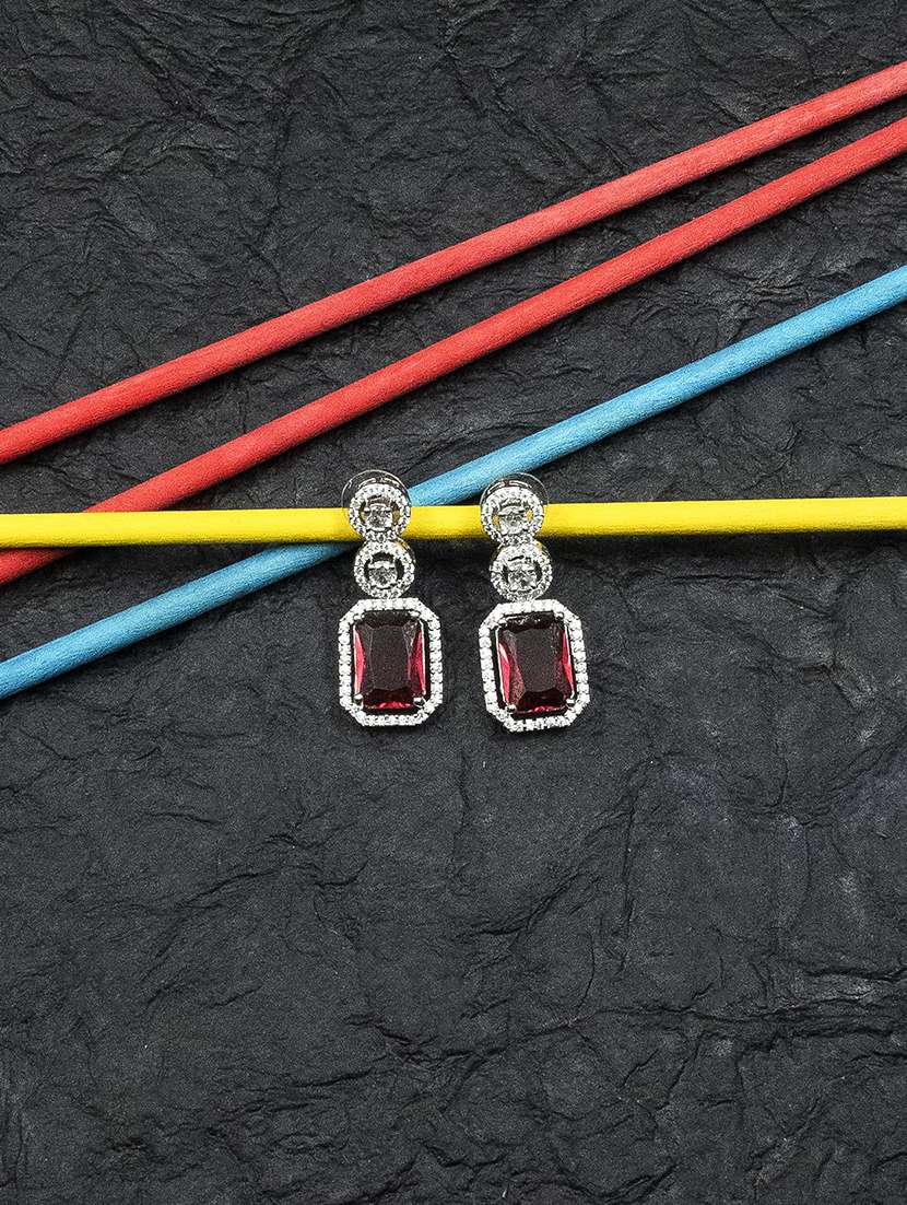 silver plated minimalist red cz drop earrings