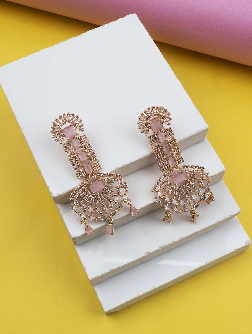 royal rose gold plated big size pink ad cz studded luxury earrings