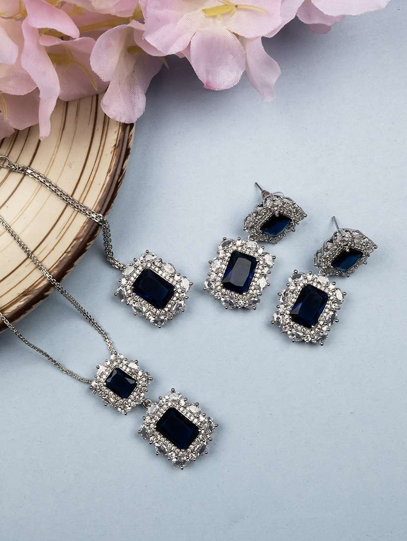 silver plated blue square cz big pendant set - 22173846 -  Zoom Image - 0