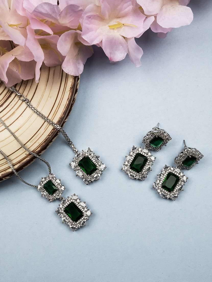 silver plated green square cz big pendant set