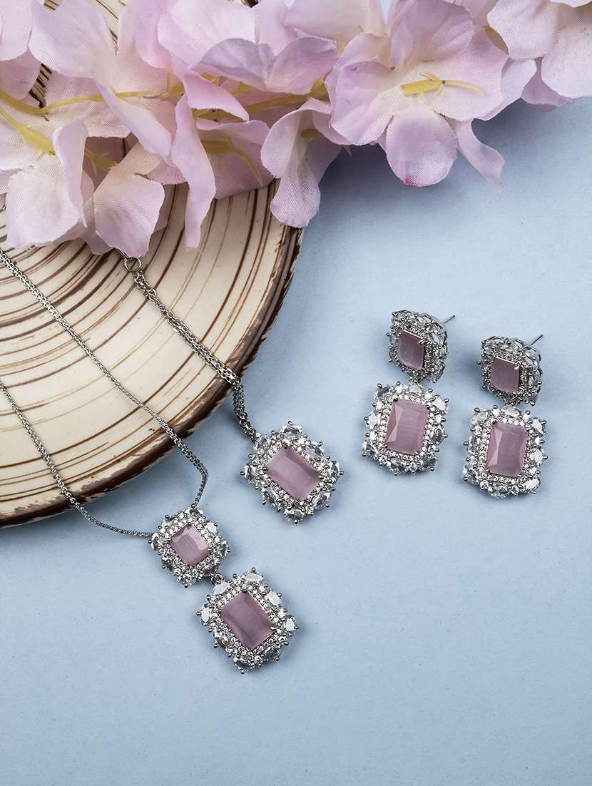 silver plated pink square cz big pendant set
