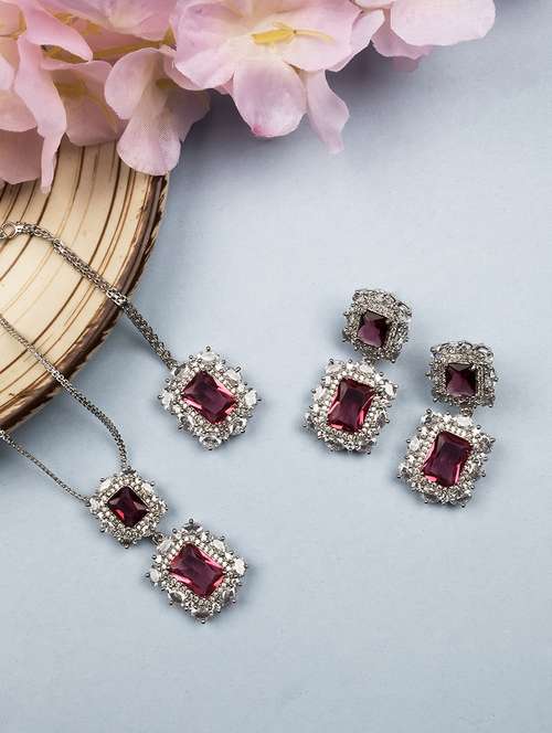 silver plated red square cz big pendant set - 22173849 -  Standard Image - 0