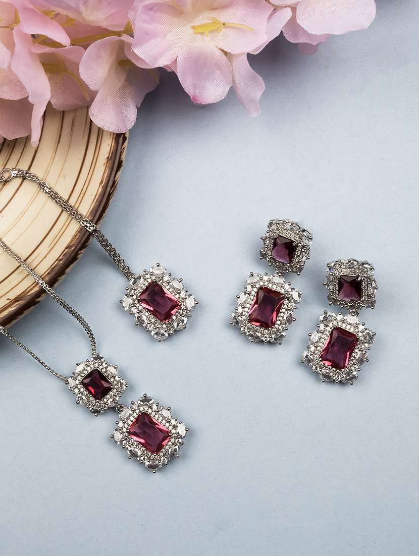 silver plated red square cz big pendant set