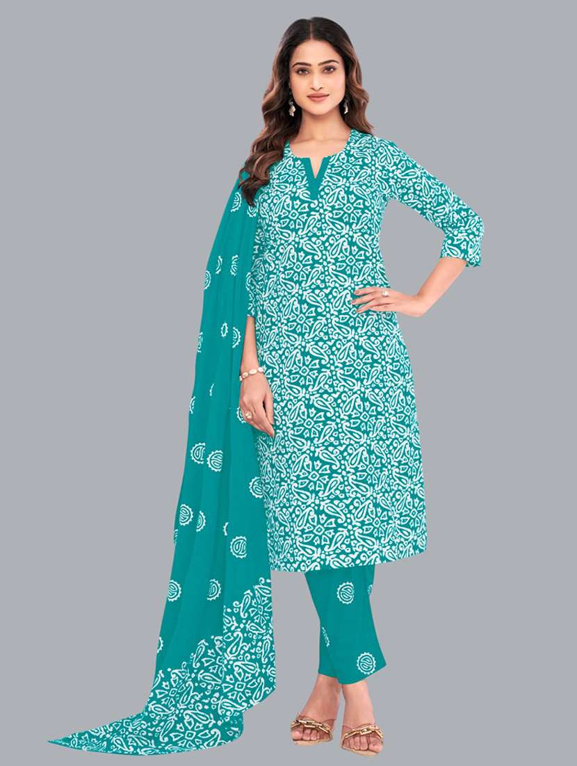women batik printed three quarter sleeve kurta pant with dupatta set
