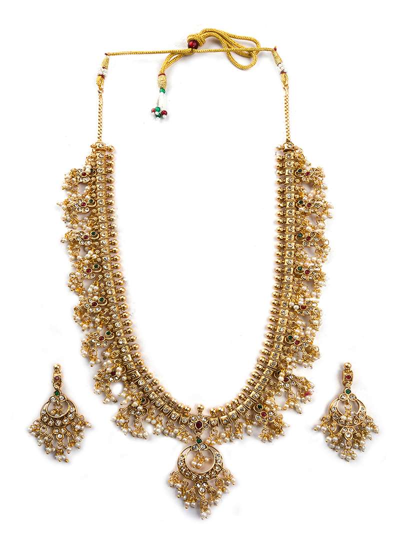 luxurious gold plated guttapusallu long necklace set - 22173877 -  Standard Image - 5
