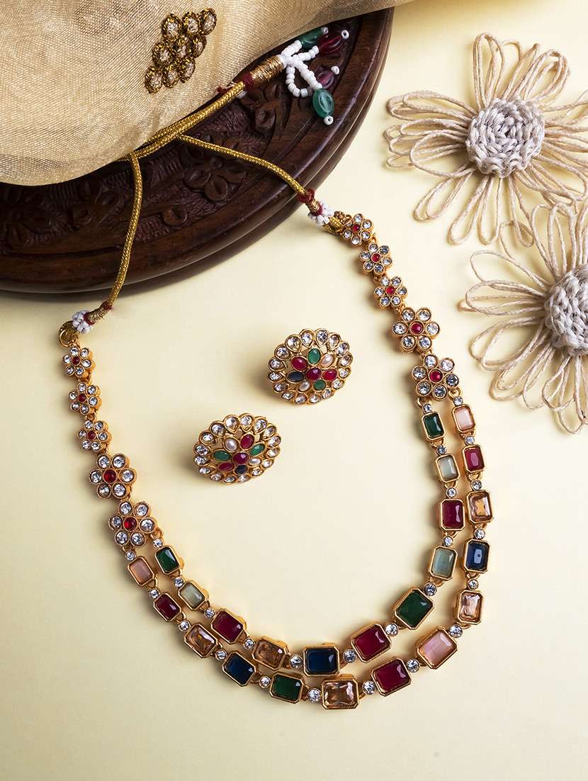 gold plated alloy multi kemp stones necklace
