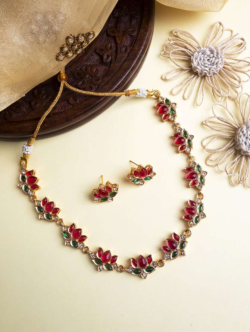 multicolored kemp stones studded lotus necklace set
