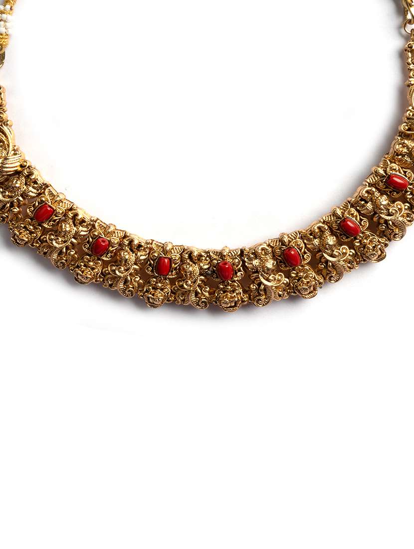 antique matte finish coral stones studded necklace set - 22173885 -  Standard Image - 3