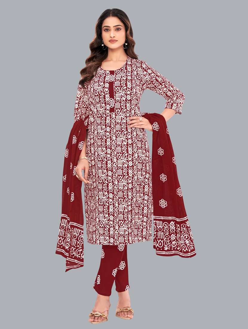 women batik printed three quarter sleeve kurta pant with dupatta set
