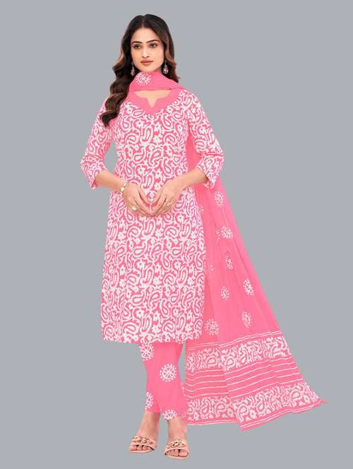 women batik printed three quarter sleeve kurta pant with dupatta set - 22173900 - Standard Image - 0