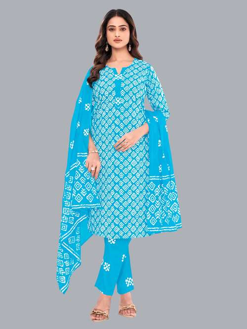 women batik printed three quarter sleeve kurta pant with dupatta set - 22173906 -  Standard Image - 0
