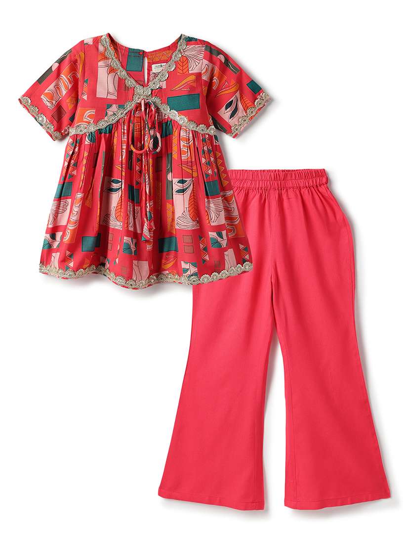 girls printed short sleeve kurta and pant set