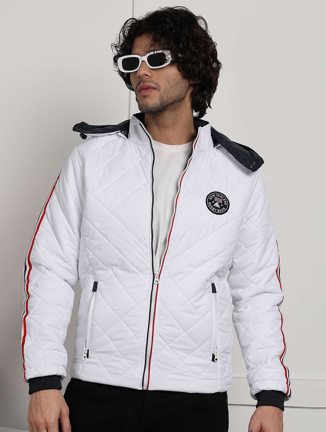 men solid long sleeve hooded quilted jacket