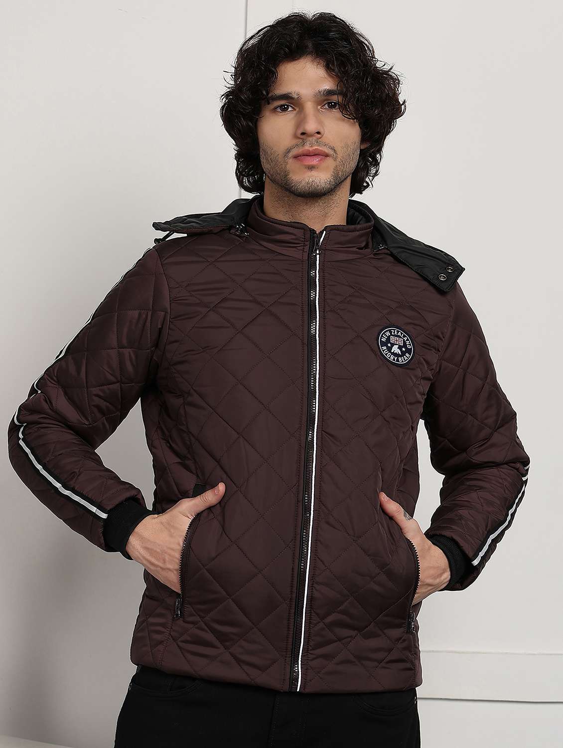 men solid long sleeve hooded quilted jacket