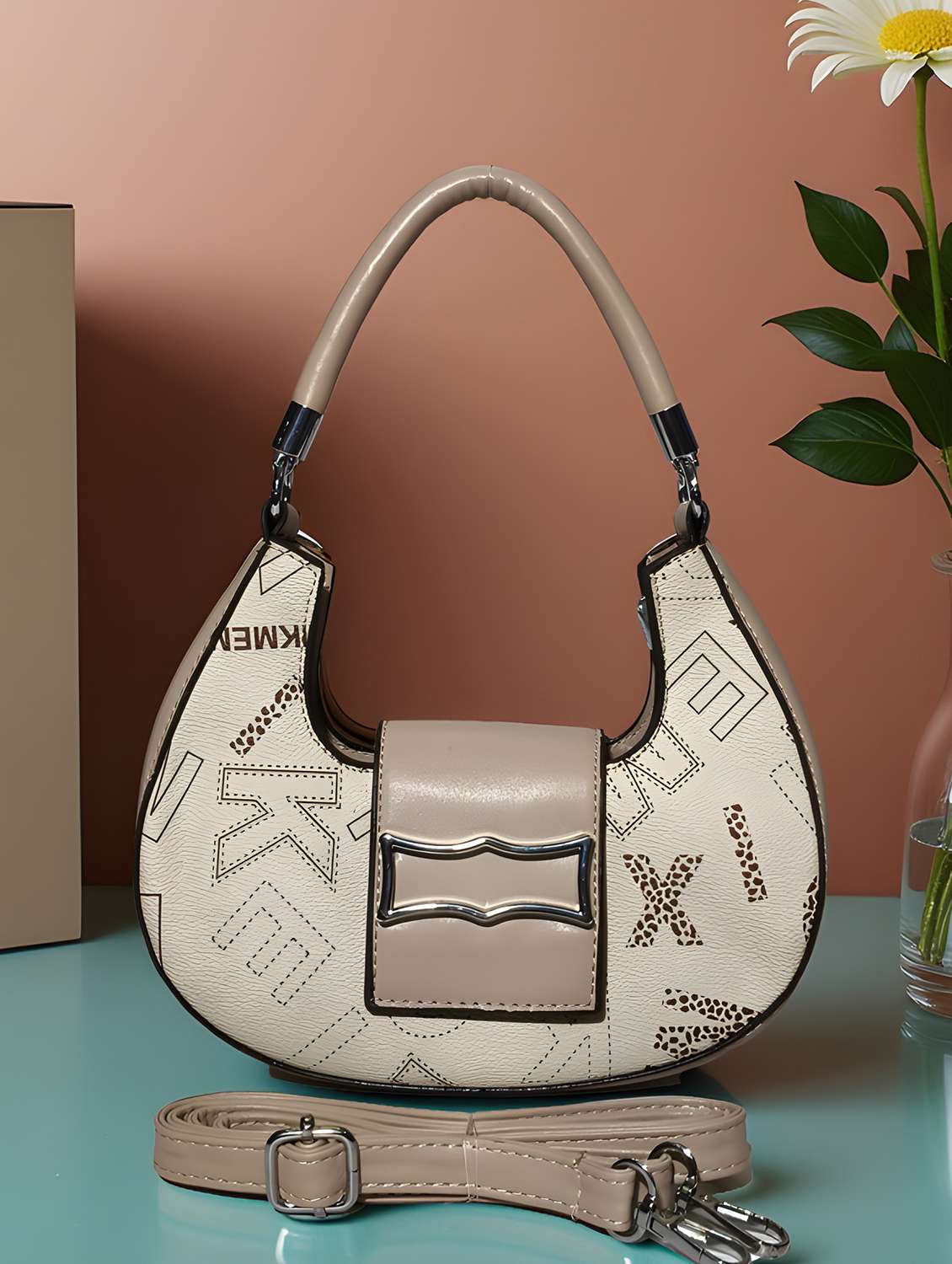 women printed leatherette sling bag with adjustable strap