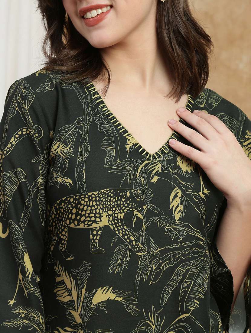 globus women olive v-neck bell sleeves tropical wildlife print thread work a-line kurta - 22173997 -  Standard Image - 3