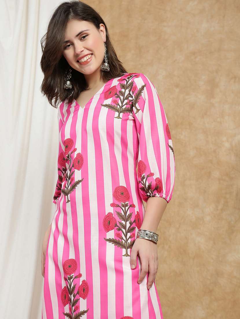 globus women pink floral stripes print bishop sleeves straight kurta & pant set - 22174001 -  Standard Image - 5