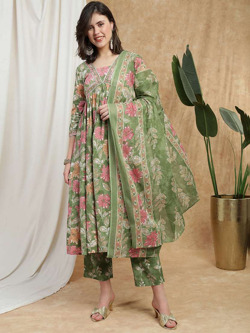 globus women green floral print v-neck embroidered gotta lace detail flared hem a-line kurta with pant & dupatta set