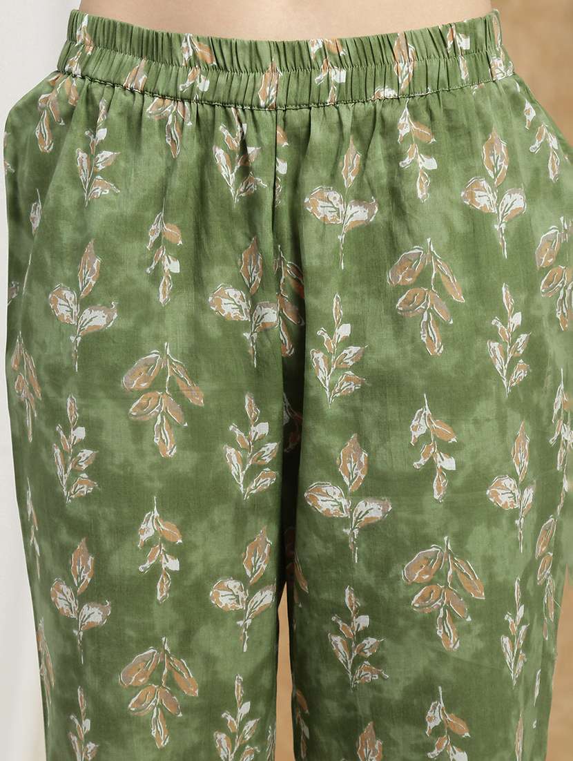 globus women green floral print v-neck embroidered gotta lace detail flared hem a-line kurta with pant & dupatta set - 22174002 -  Standard Image - 3