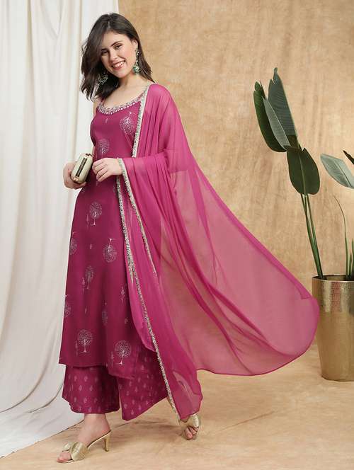 women printed shoulder strap kurta palazzo with dupatta set - 22174008 -  Standard Image - 0