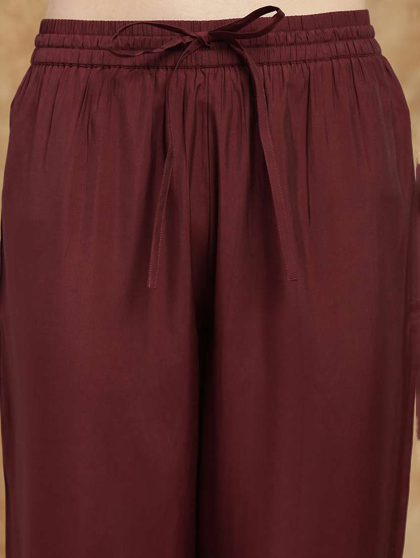 globus women maroon round neck all-over embroidered yoke a-line kurta with wide leg pants & dupatta festive set - 22174011 -  Standard Image - 3