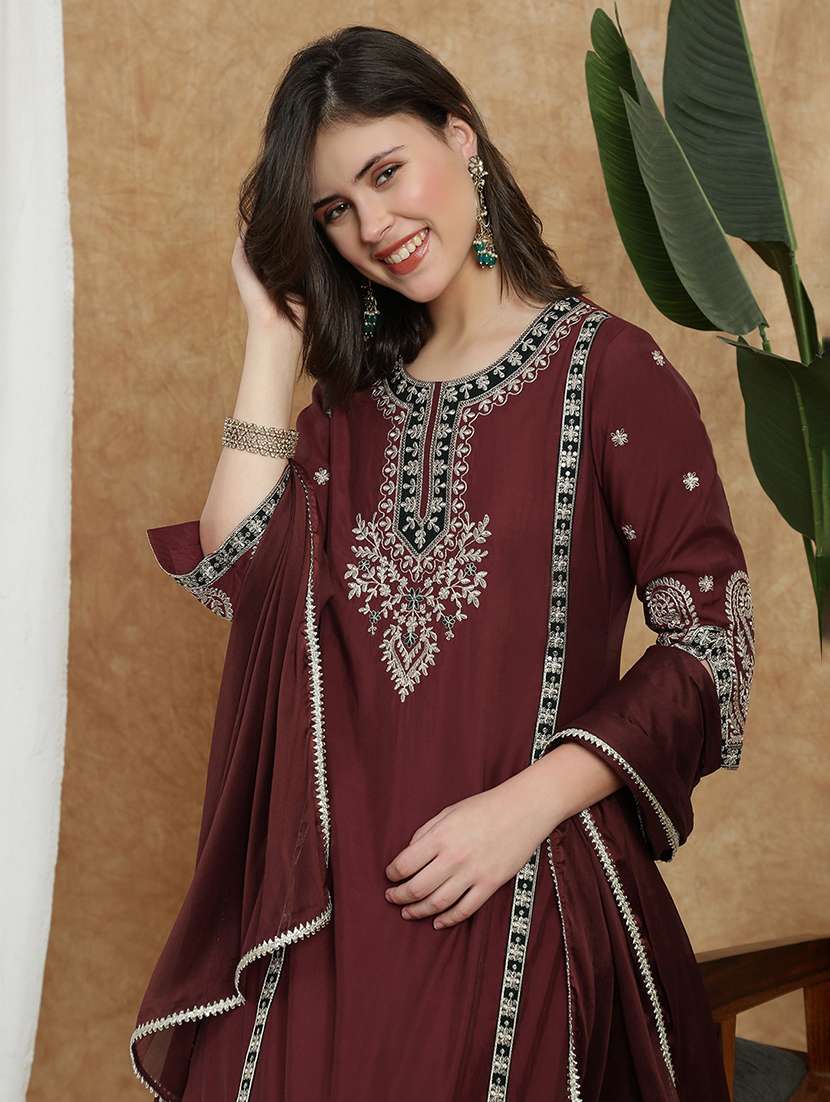 globus women maroon round neck all-over embroidered yoke a-line kurta with wide leg pants & dupatta festive set - 22174011 -  Standard Image - 5