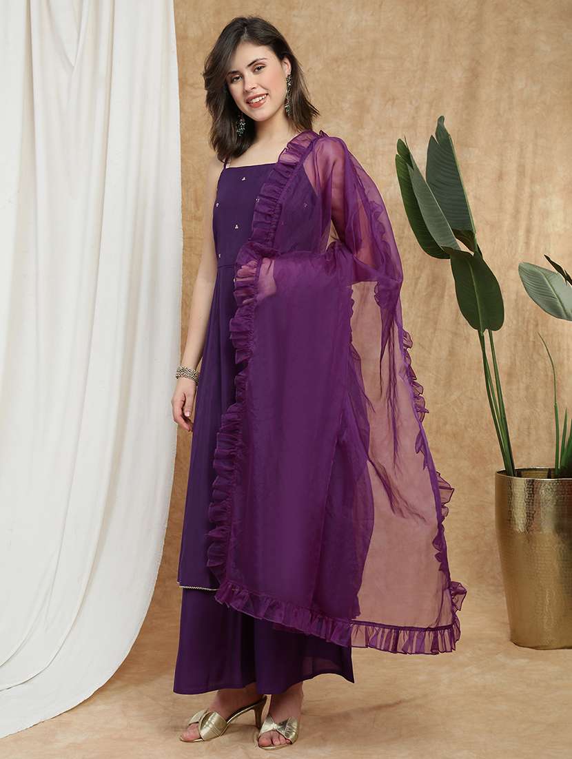 globus women purple square neck strappy sleeves sequin detail gotta lace hem a-line kurta with palazzos & frill dupatta set