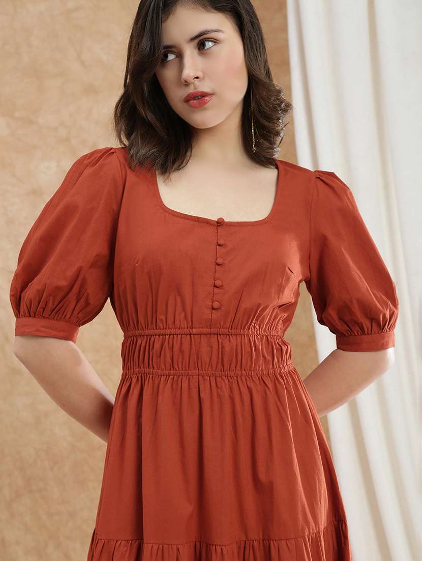 globus women rust square neck puff sleeves solid gathered tiered fit & flare maxi dress - 22174022 -  Standard Image - 3